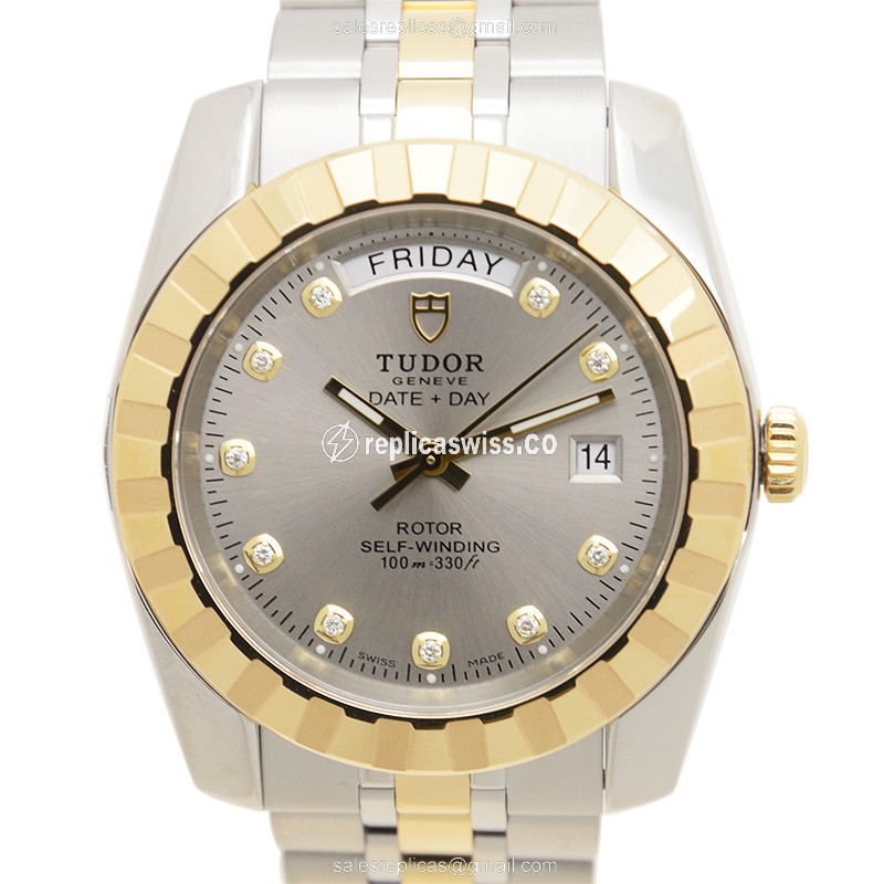 18kt Tudor GY Classic - Automatic - Silver Dial - Gold & Steel - Black Band